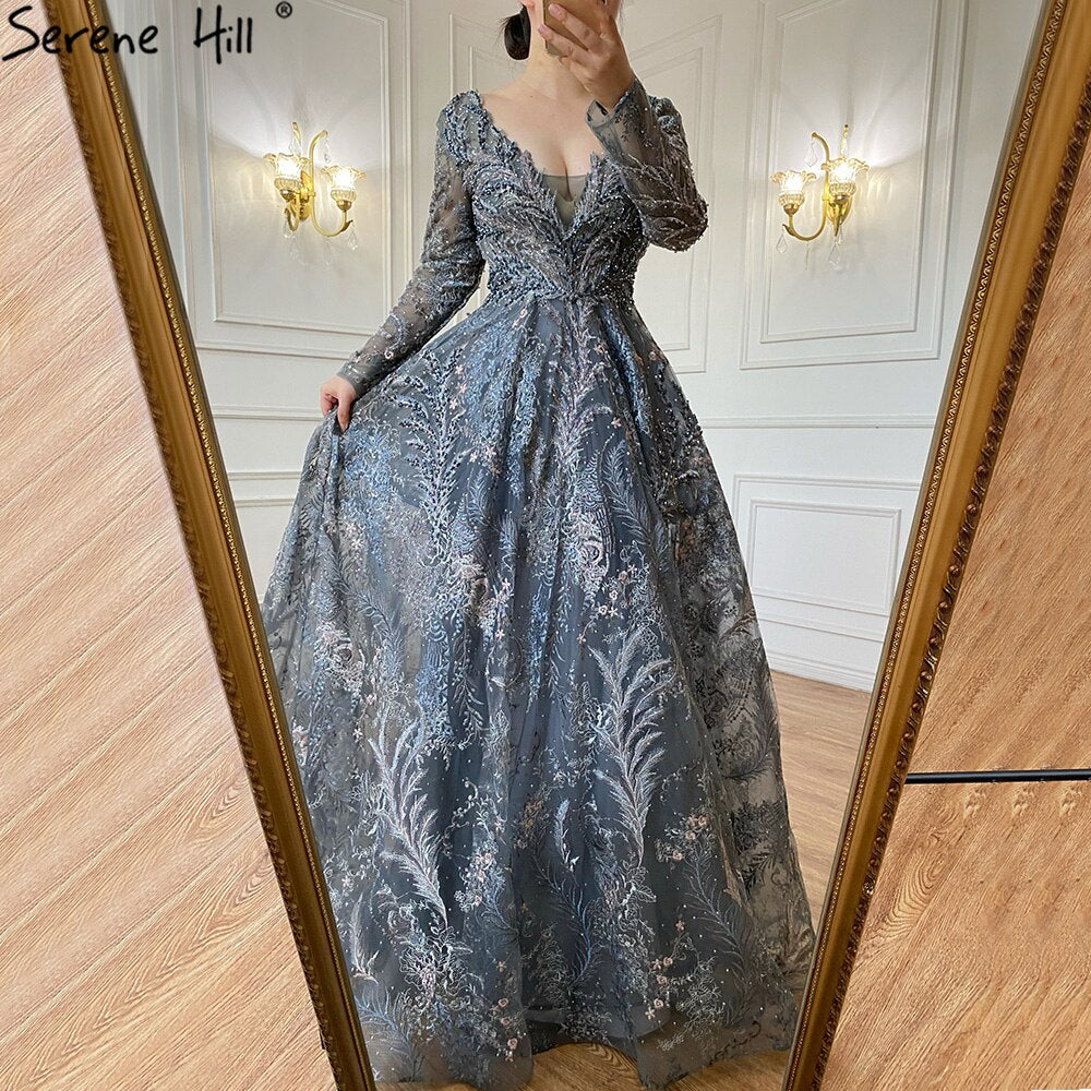 Vestidos de noche de encaje azul con cuentas, corte A, de lujo, para mujer, fiesta de bodas, LA71249