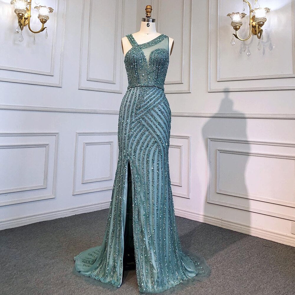 En oferta, sin devolución ni reembolso, vestido de noche azul de lujo con abertura alta, elegante vestido de sirena con cuentas 2025 para mujer, fiesta LA71580