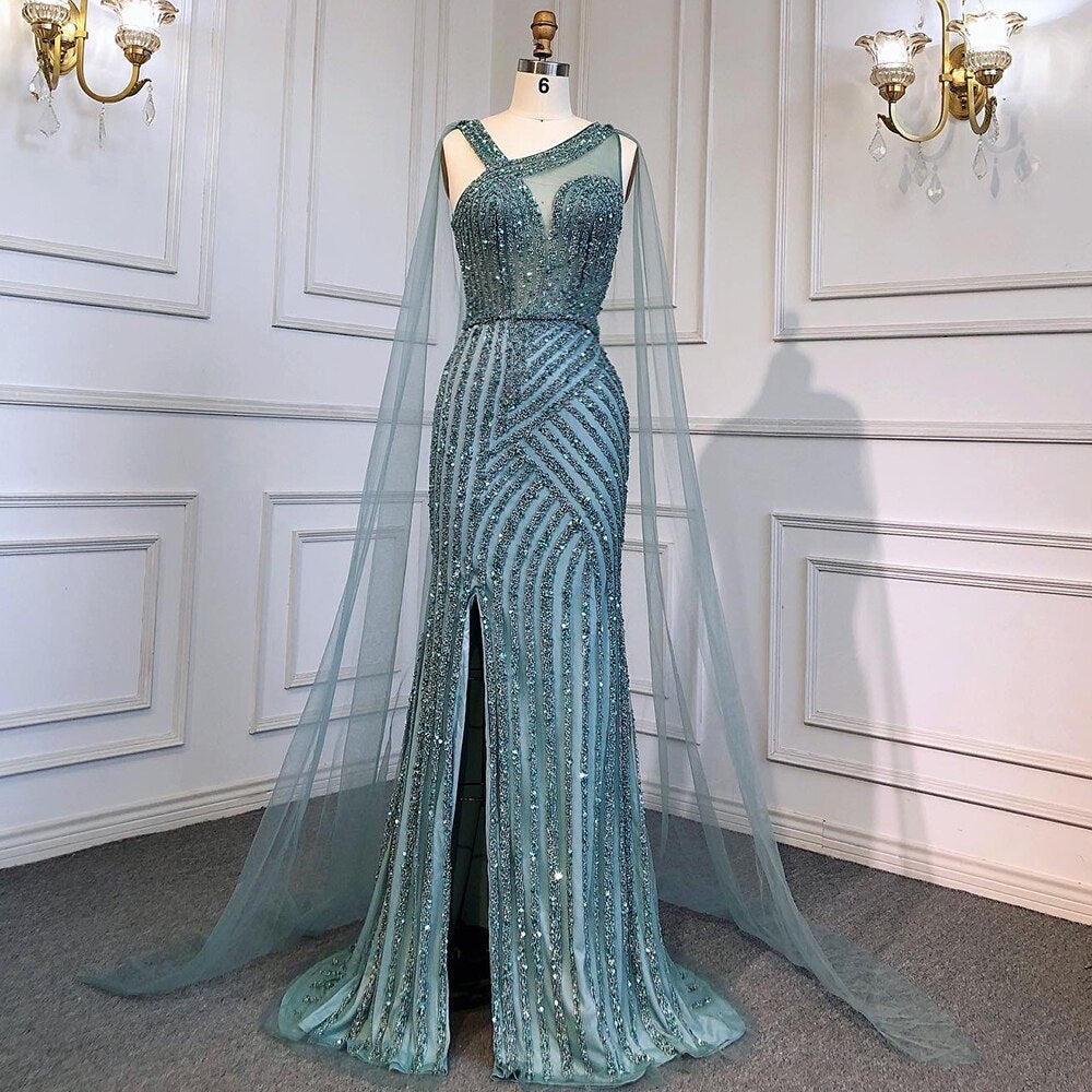 En oferta, sin devolución ni reembolso, vestido de noche azul de lujo con abertura alta, elegante vestido de sirena con cuentas 2025 para mujer, fiesta LA71580
