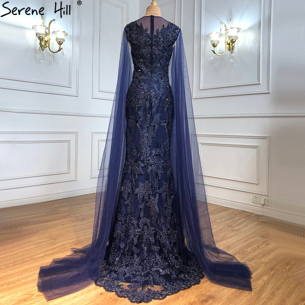 Blau Luxus Meerjungfrau Abendkleider Gowns2025 Cape Ärmel Perlen Elegante Für Frau Party LA71163