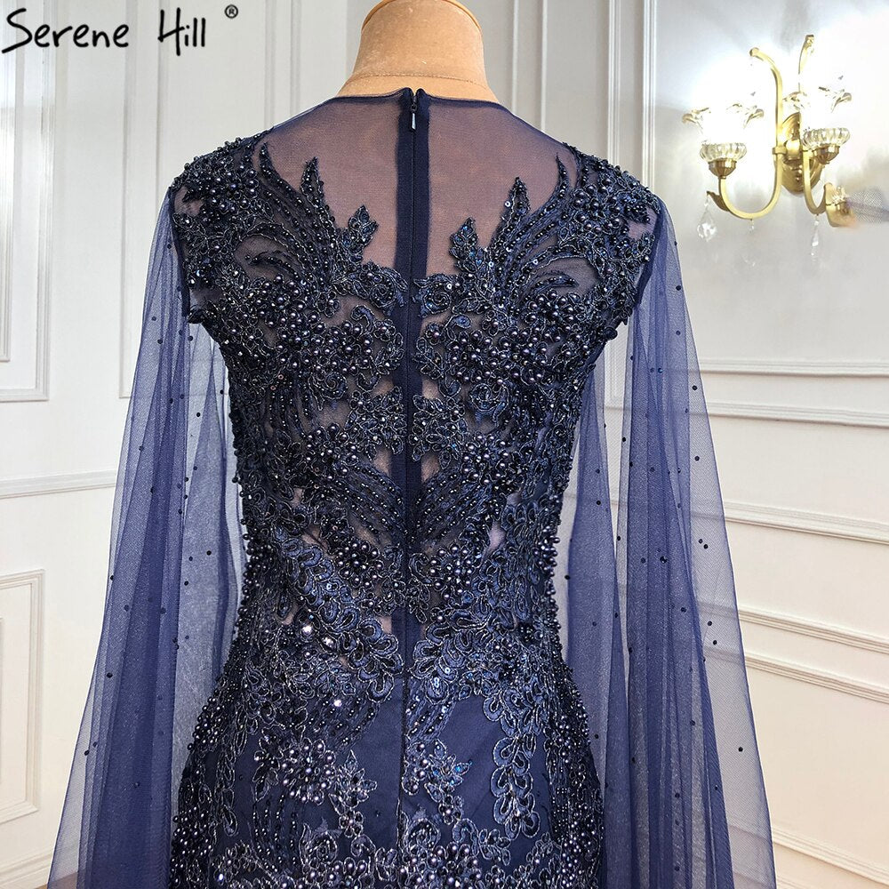 Blau Luxus Meerjungfrau Abendkleider Gowns2025 Cape Ärmel Perlen Elegante Für Frau Party LA71163