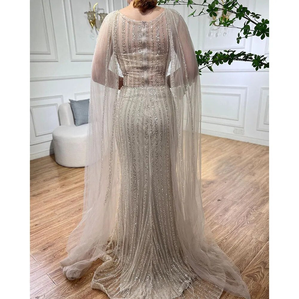Blaue Meerjungfrau Elegante Cape-Ärmel Perlen Arabisch Lange Abendkleider Kleider Für Frauen Hochzeit Party 2025 LA72173