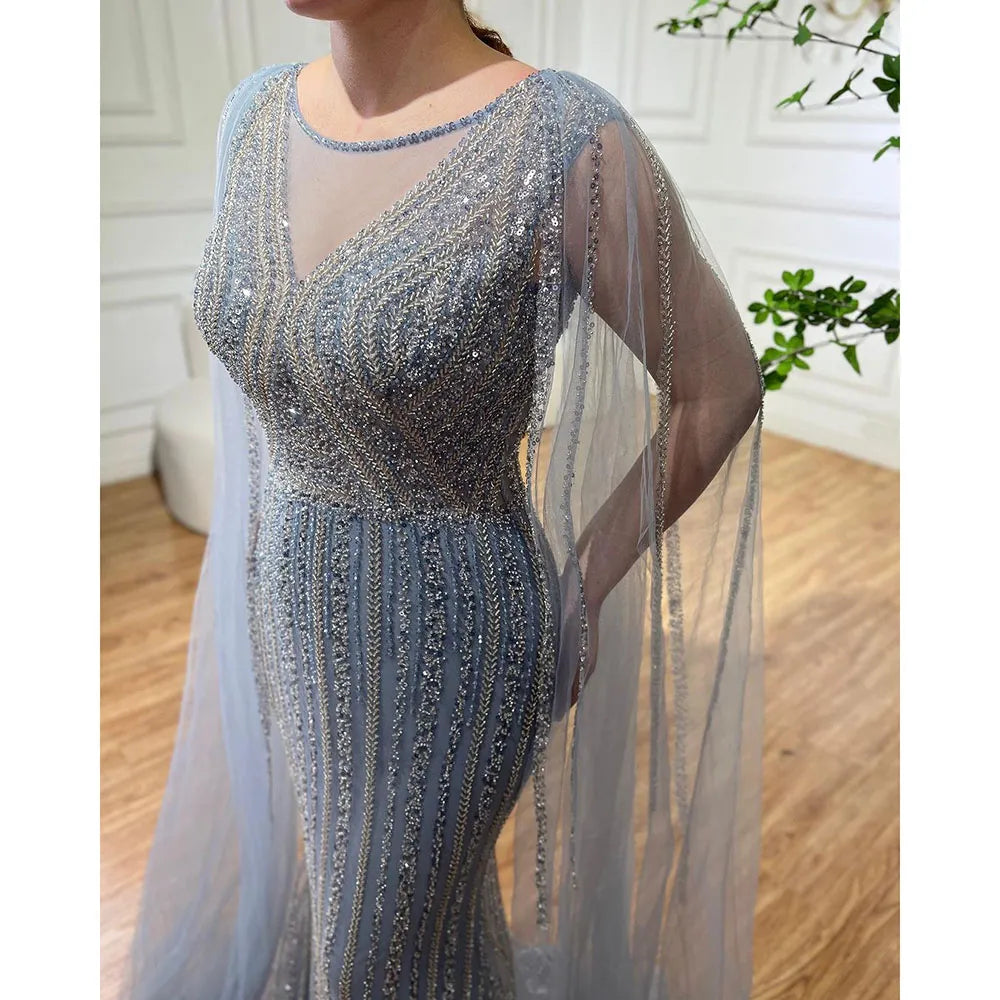 Blaue Meerjungfrau Elegante Cape-Ärmel Perlen Arabisch Lange Abendkleider Kleider Für Frauen Hochzeit Party 2025 LA72173