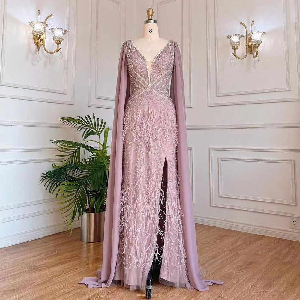 Blaue Meerjungfrau Elegante Cape-Ärmel Luxus Perlen Feder Abendkleider Kleider 2025 Für Frauen Party LA71583A