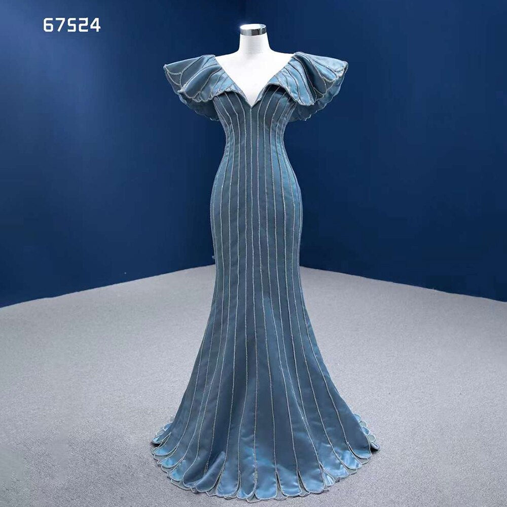 Elegante vestido de noche azul sirena con escote en V y cuentas de lujo para mujer, para fiesta 2025, de alta gama, hecho a medida HM67524