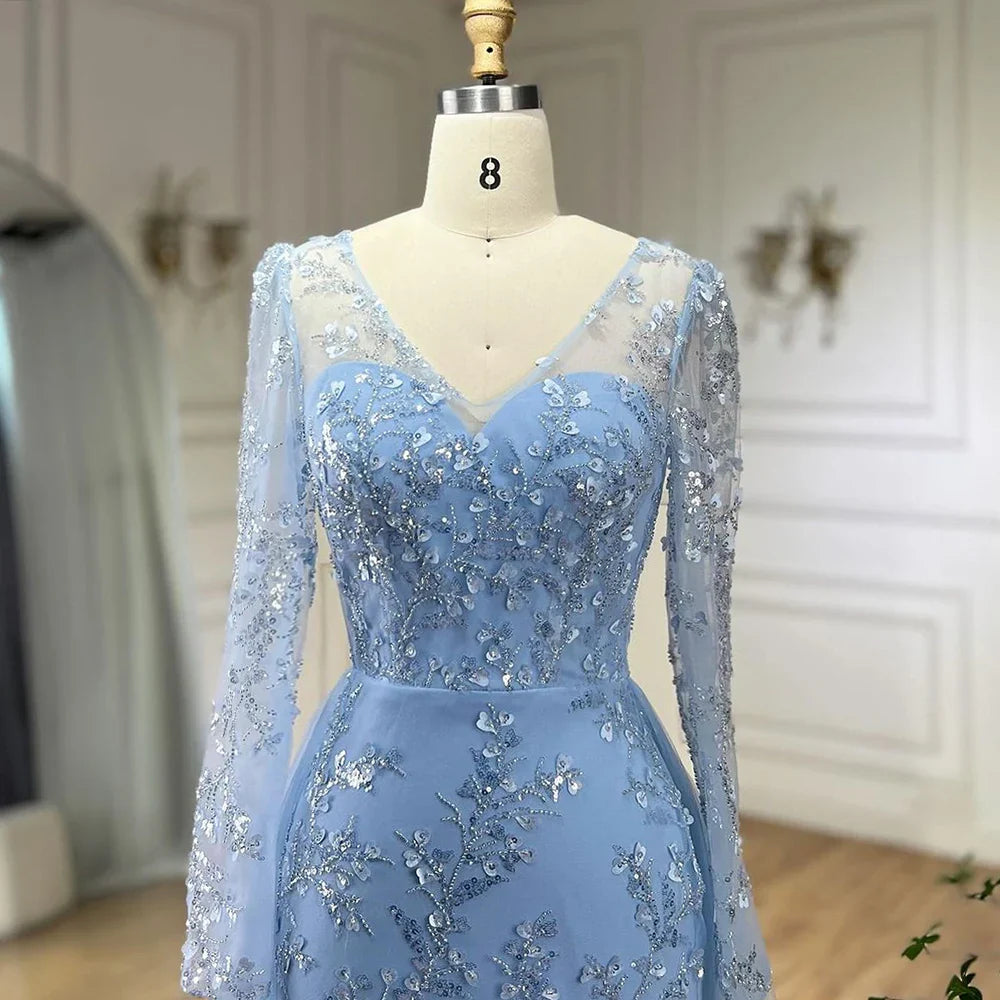 Elegante vestido de noche árabe de lujo con cola y cuentas, corte sirena azul, para mujer, para boda, fiesta, 2025, LA71851