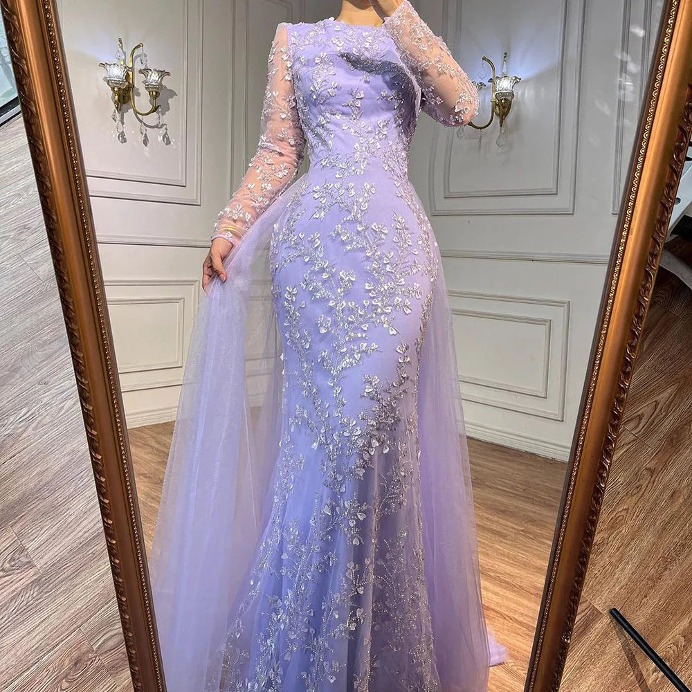 Elegante vestido de noche árabe de lujo con cola y cuentas, corte sirena azul, para mujer, para boda, fiesta, 2025, LA71851