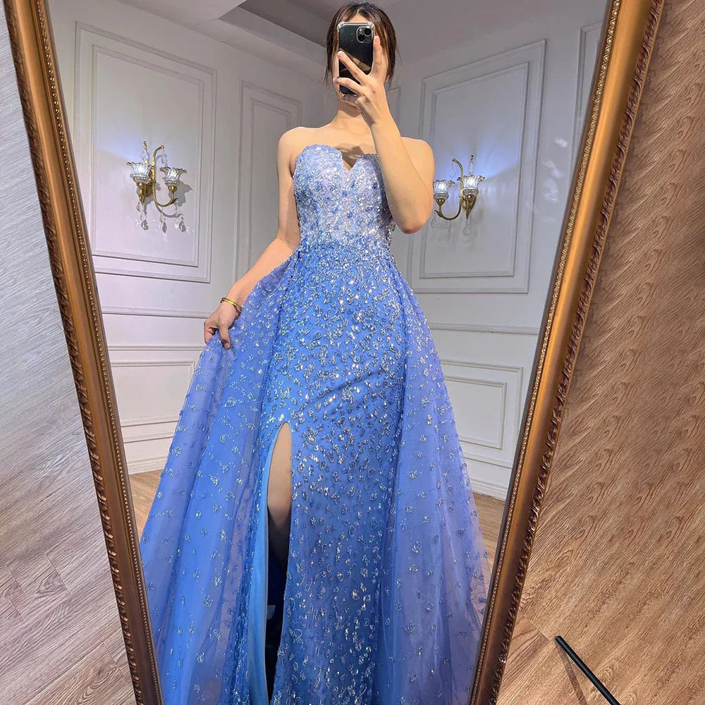 Vestido de fiesta azul de corte sirena con abertura alta y falda corazón, sin tirantes y con cuentas, para mujer, noche formal, 2025, LA71796