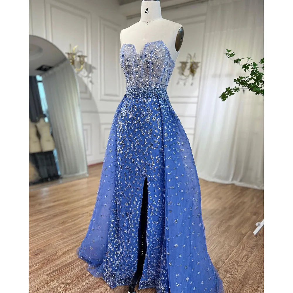 Vestido de fiesta azul de corte sirena con abertura alta y falda corazón, sin tirantes y con cuentas, para mujer, noche formal, 2025, LA71796