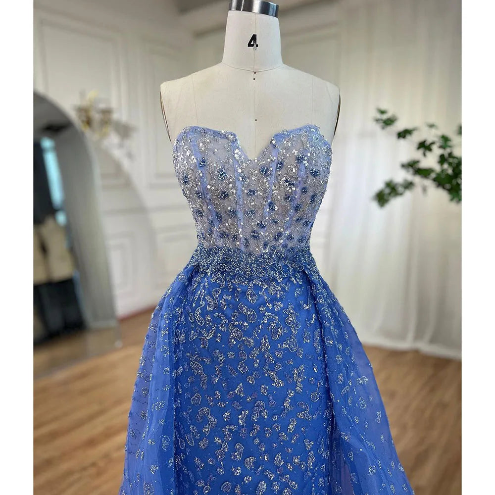 Vestido de fiesta azul de corte sirena con abertura alta y falda corazón, sin tirantes y con cuentas, para mujer, noche formal, 2025, LA71796
