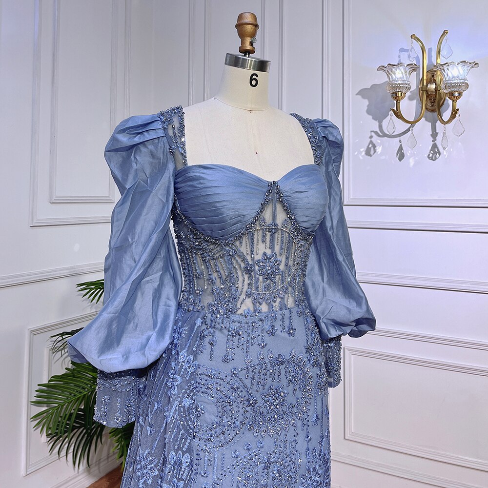 Vestido de noche formal de sirena azul con encaje y cuentas, mangas globo, para mujer, para fiesta de boda, LA72034