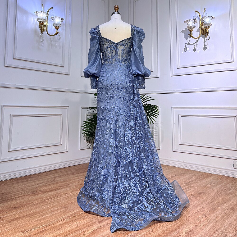 Vestido de noche formal de sirena azul con encaje y cuentas, mangas globo, para mujer, para fiesta de boda, LA72034