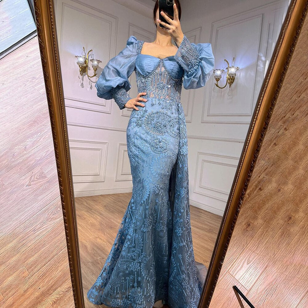 Vestido de noche formal de sirena azul con encaje y cuentas, mangas globo, para mujer, para fiesta de boda, LA72034