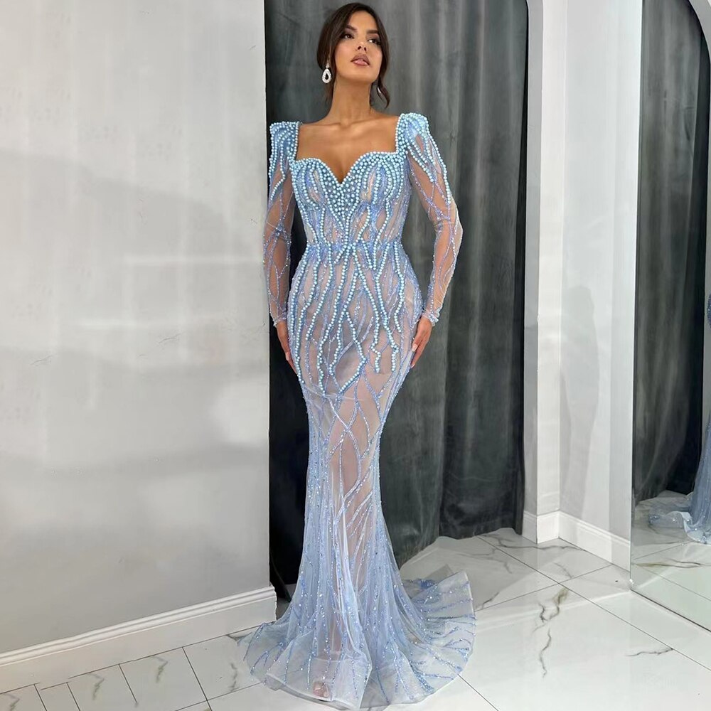 Vestido de noche elegante árabe con cuentas y perlas de lujo de sirena azul para mujer, fiesta de bodas LA71861
