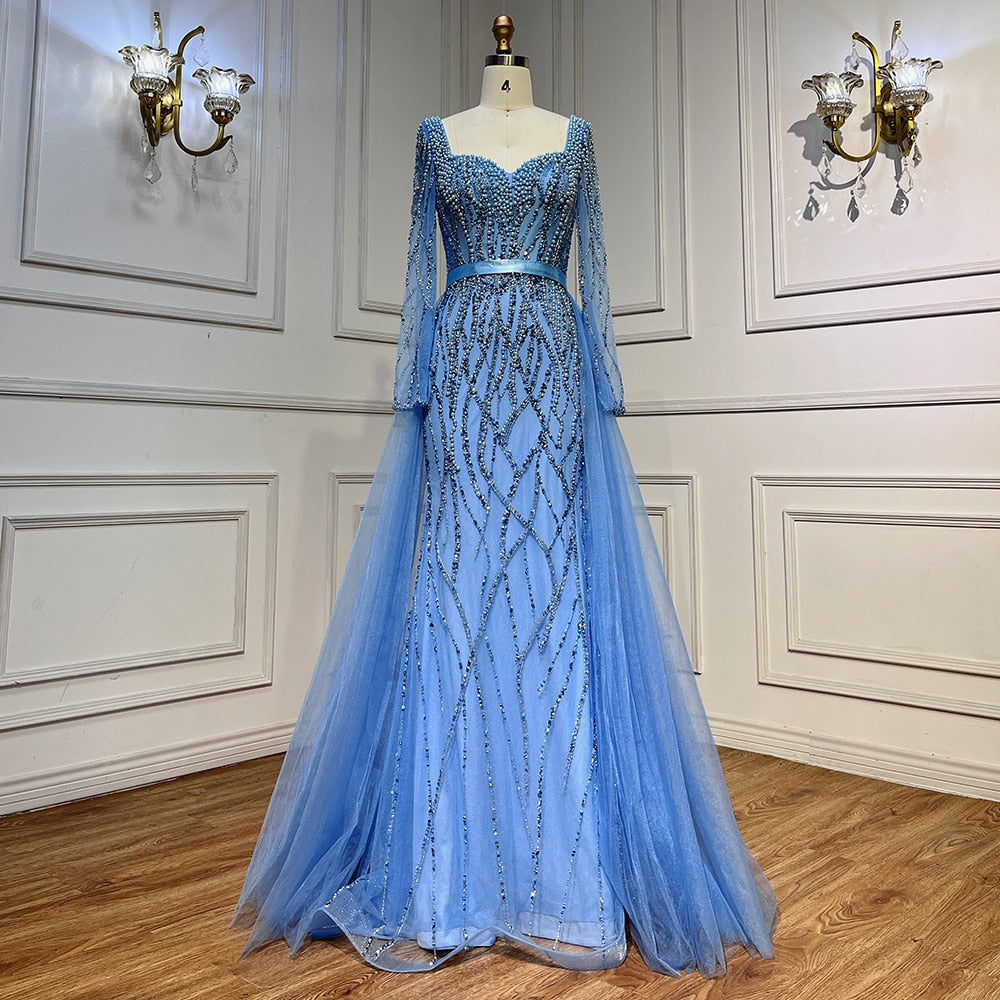 Vestido de noche elegante árabe con cuentas y perlas de lujo de sirena azul para mujer, fiesta de bodas LA71861