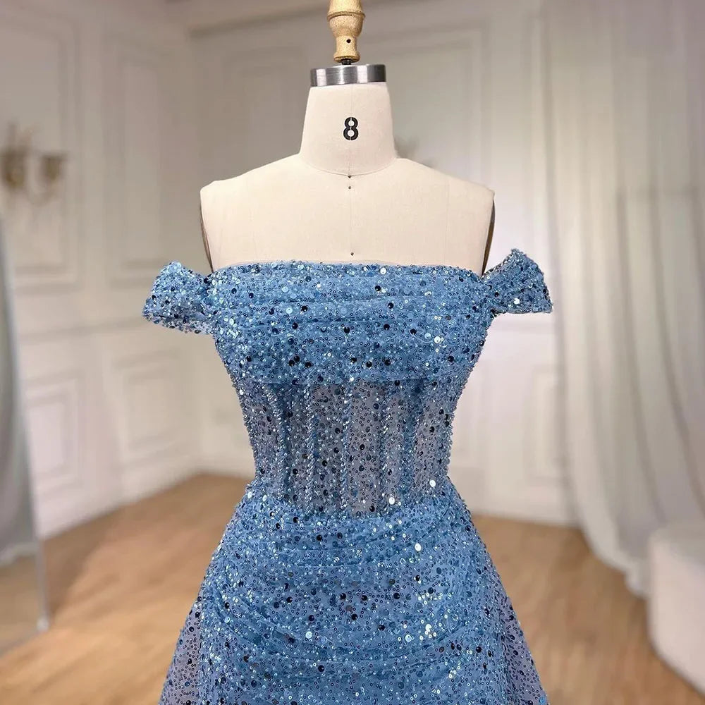 Vestido de noche azul de sirena con hombros descubiertos y sobrefalda con cuentas y lentejuelas para mujer, fiesta 2025 LA72204