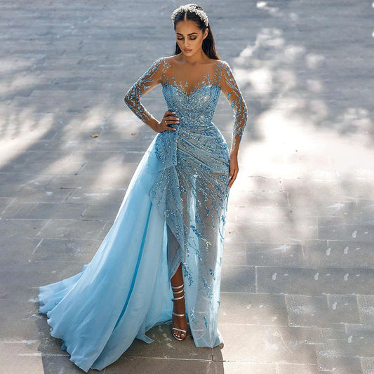 En oferta, sin devolución ni reembolso, vestido de noche azul sirena sexy de corte alto elegante con falda de encaje y cuentas para mujer, vestidos de fiesta 2025 LA71781