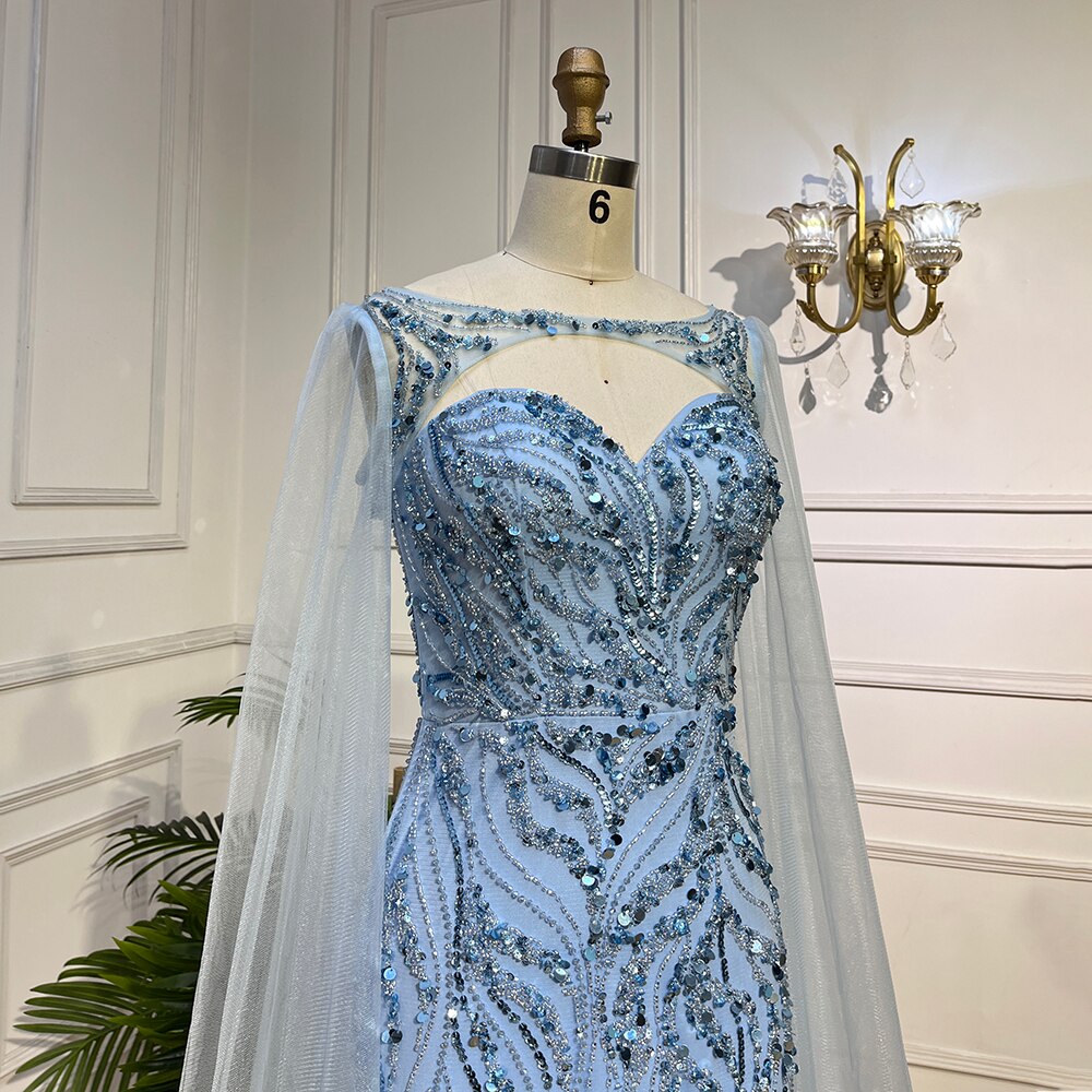 Blaue Meerjungfrau Sexy Lange Cape-Ärmel Abendkleider Hohe Slipt Kleider Luxus Perlen 2025 Für Frauen Party LA72015