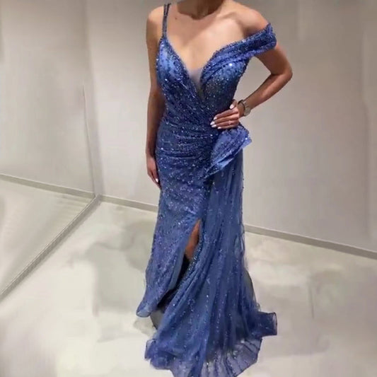 En oferta, sin devolución ni reembolso, vestido de noche azul sirena con abertura, vestidos de noche 2025 con cuentas, elegante de lujo para mujer, fiesta LA71663