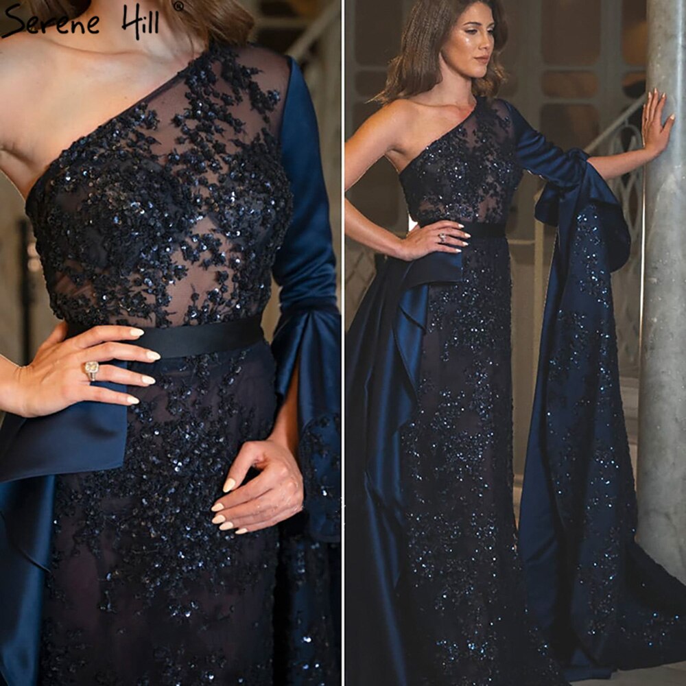 Blau Mermiad Satin Abendkleider Kleider 2025 Elegant Eine Schulter Überrock Für Frauen Party LA71236