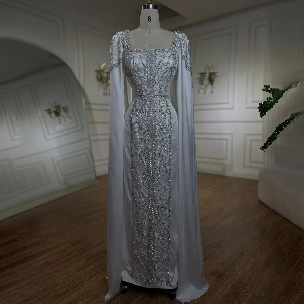 Luxuriöses blaues Meerjungfrau-Abendkleid im muslimischen Stil mit Cape-Ärmeln LA72050