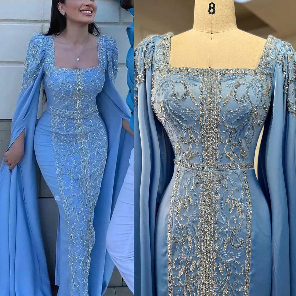 Luxuriöses blaues Meerjungfrau-Abendkleid im muslimischen Stil mit Cape-Ärmeln LA72050