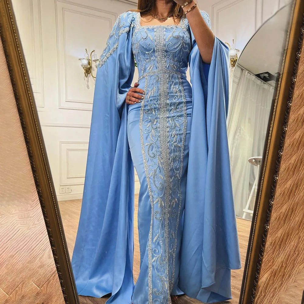 Luxuriöses blaues Meerjungfrau-Abendkleid im muslimischen Stil mit Cape-Ärmeln LA72050