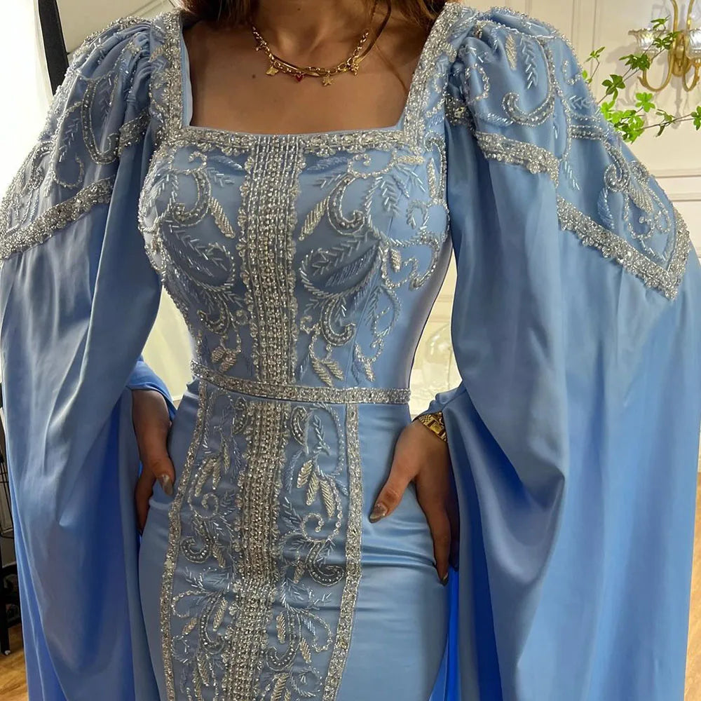 Luxuriöses blaues Meerjungfrau-Abendkleid im muslimischen Stil mit Cape-Ärmeln LA72050