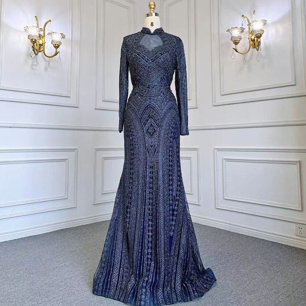 Blau Muslimischen Meerjungfrau Elegante High Neck Abendkleider Kleider Luxus Perlen 2025 Für Frauen Party LA71742