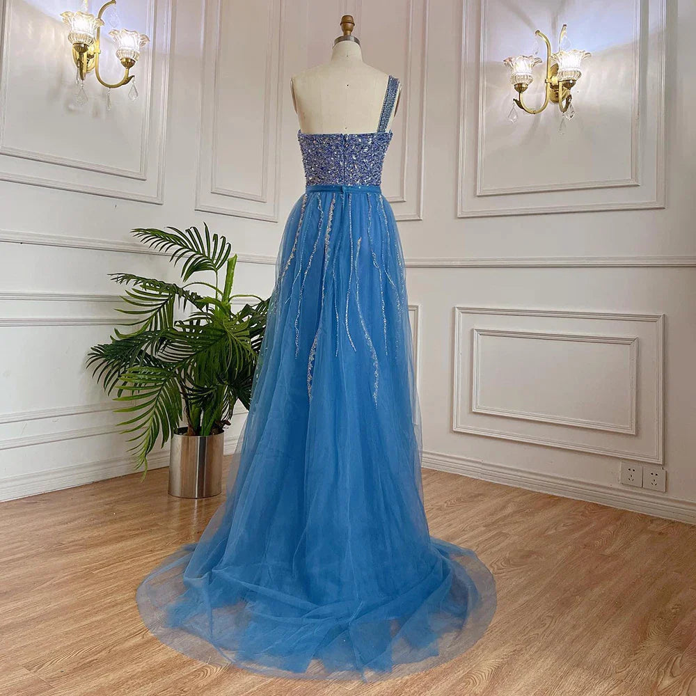 Vestido de noche elegante de sirena con un hombro al descubierto y abertura alta, con cuentas y sobrefalda, para mujer, fiesta, LA71825