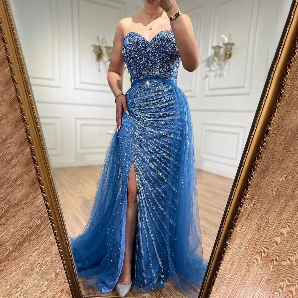Vestido de noche elegante de sirena con un hombro al descubierto y abertura alta, con cuentas y sobrefalda, para mujer, fiesta, LA71825