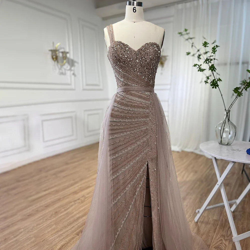 Vestido de noche elegante de sirena con un hombro al descubierto y abertura alta, con cuentas y sobrefalda, para mujer, fiesta, LA71825