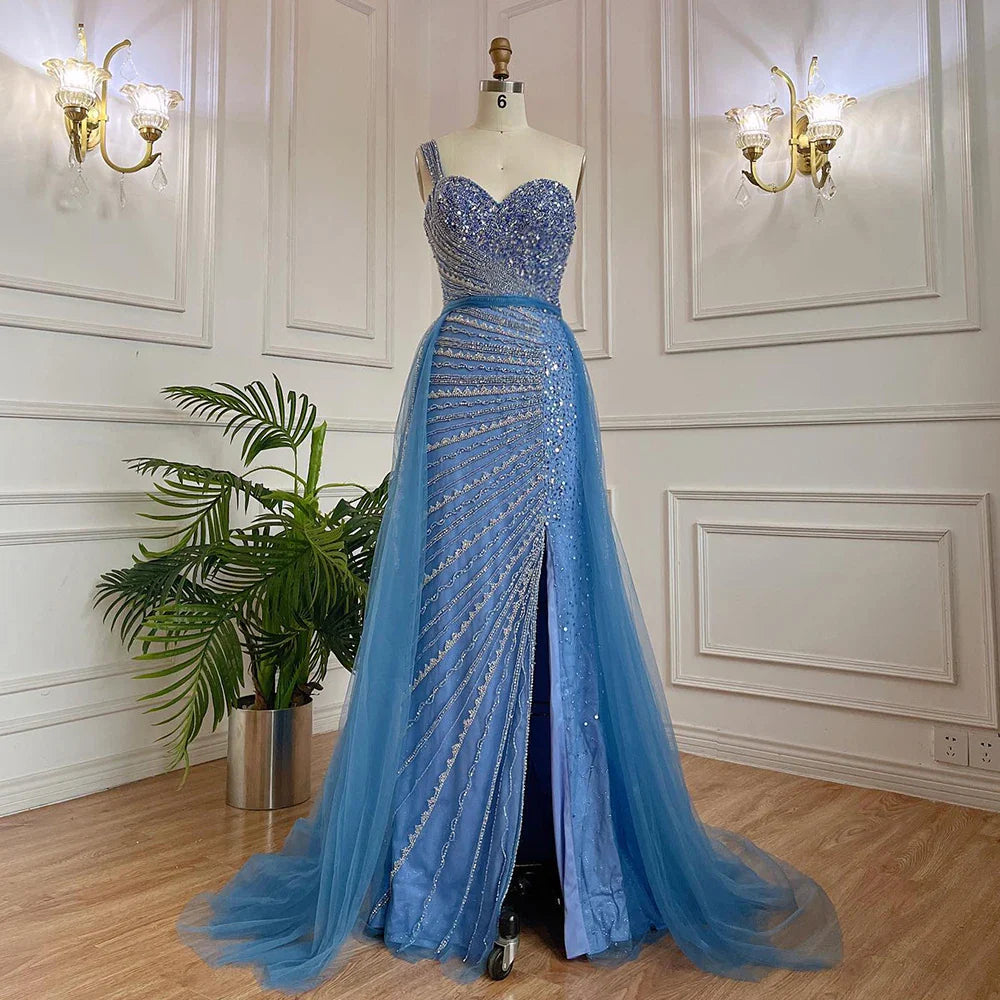 Vestido de noche elegante de sirena con un hombro al descubierto y abertura alta, con cuentas y sobrefalda, para mujer, fiesta, LA71825
