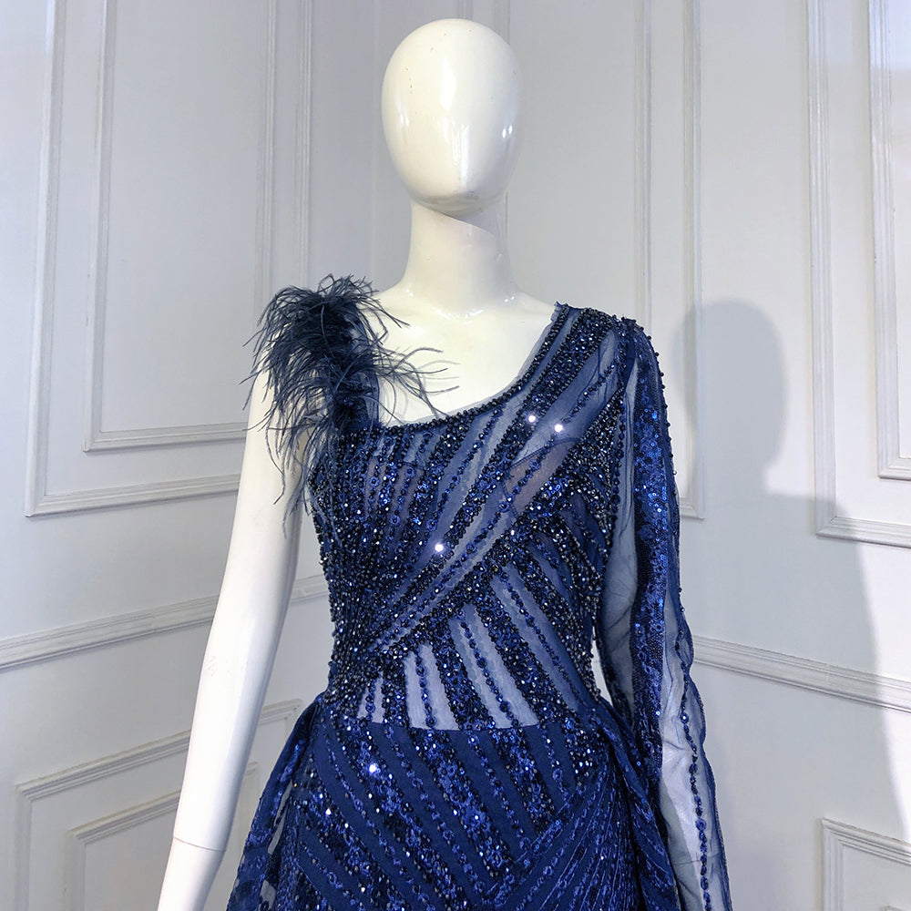 Vestido de noche de sirena con sobrefalda azul, elegante, de lujo, con cuentas y un solo hombro, para mujer, fiesta, LA71608