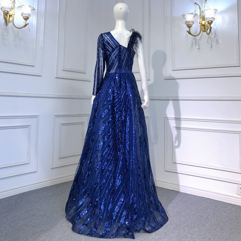 Vestido de noche de sirena con sobrefalda azul, elegante, de lujo, con cuentas y un solo hombro, para mujer, fiesta, LA71608