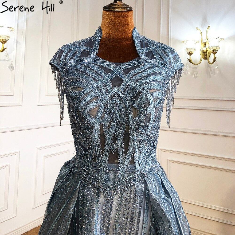 Vestido de noche azul de talla grande con encaje y cuentas, corte A, de lujo, con borlas, sexy, para mujer, fiesta, LA70969