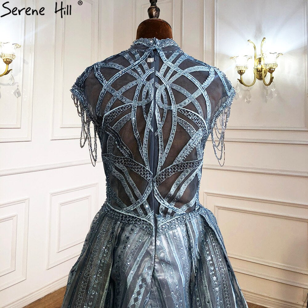 Vestido de noche azul de talla grande con encaje y cuentas, corte A, de lujo, con borlas, sexy, para mujer, fiesta, LA70969
