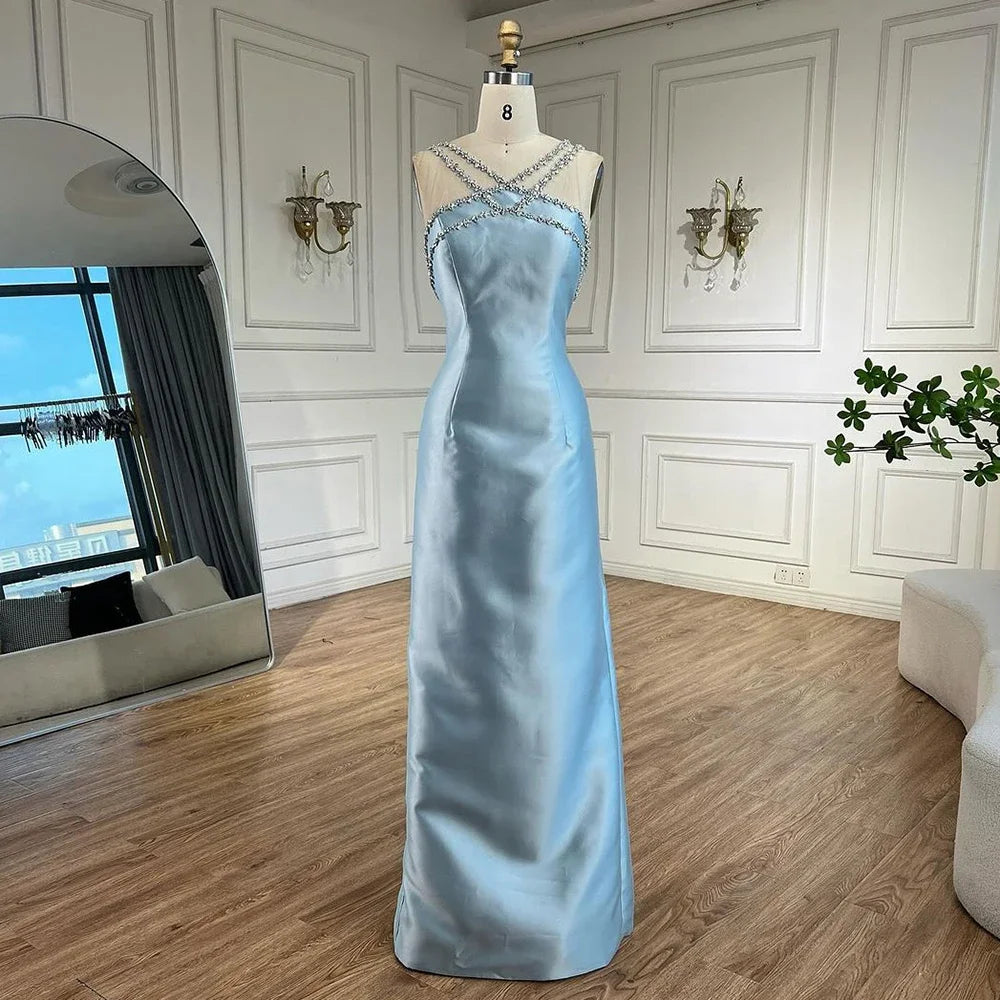 Elegantes hellblaues arabisches Abendkleid aus Satin mit Überrock LA72524