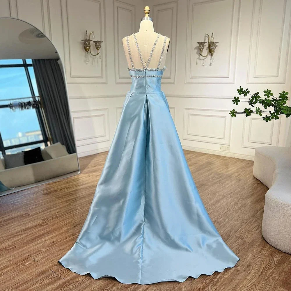 Elegantes hellblaues arabisches Abendkleid aus Satin mit Überrock LA72524