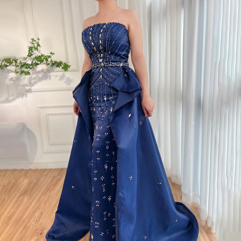 Blauer trägerloser Meerjungfrau-Überrock Abend-Partykleider mit Perlen Elegante Kleider für formelle Anlässe für Frauen 2025 LA72051