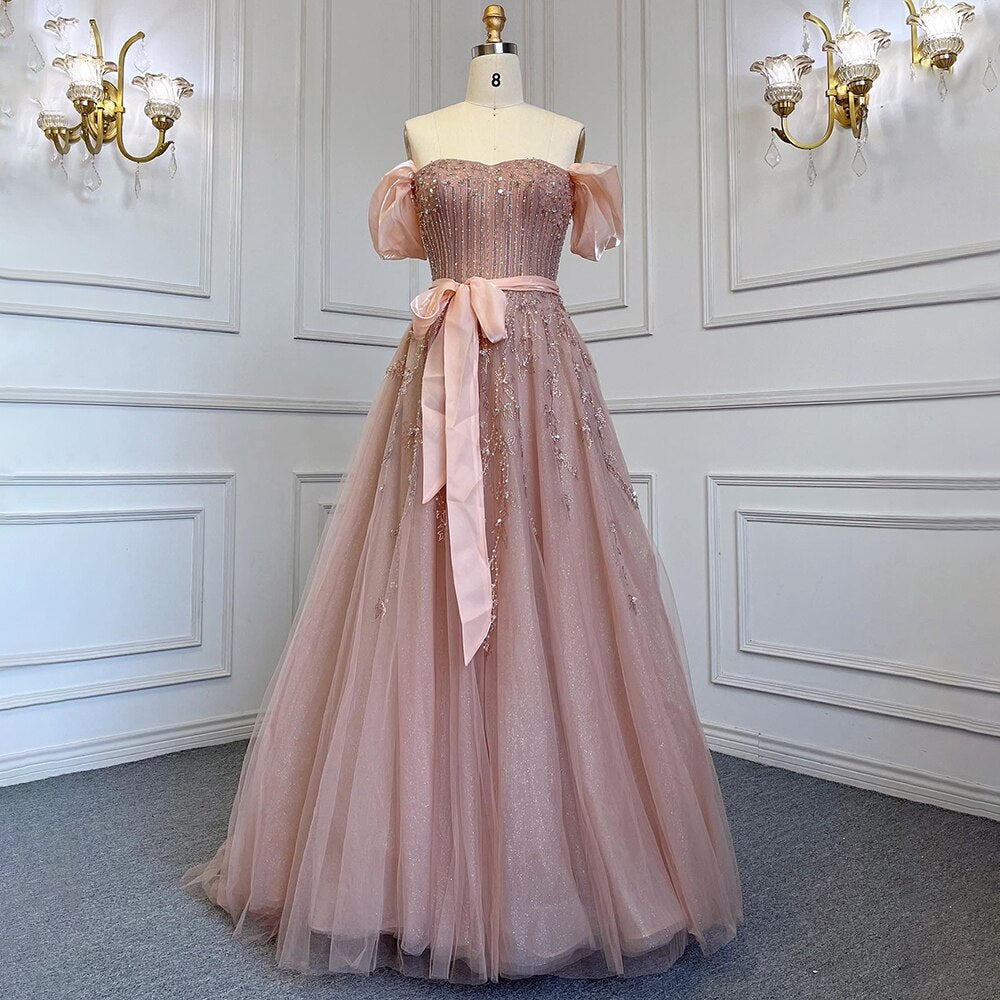 Vestido de noche de lujo para mujer, corte A, sexy, con hombros descubiertos, estilo árabe, con cuentas y cristales, vestido formal de fiesta LA71745