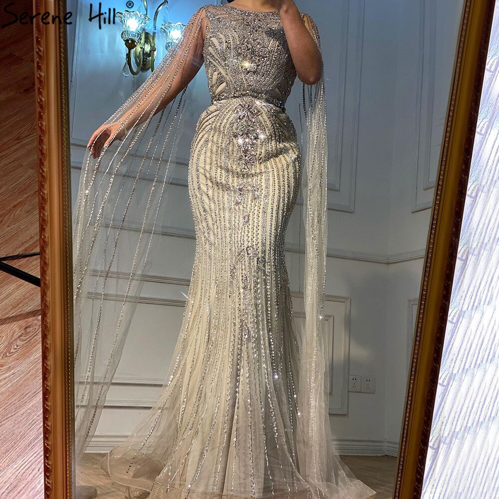 Elegante vestido de noche de sirena marrón 2025 con mangas estilo capa y cuentas de lujo para mujer, vestido de fiesta LA70638
