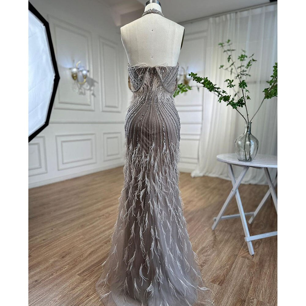 En oferta, sin devolución ni reembolso, vestido de noche de sirena Carame sin mangas, sexy, con abertura alta y plumas y cuentas, para mujer, fiesta de boda 2025 LA72132