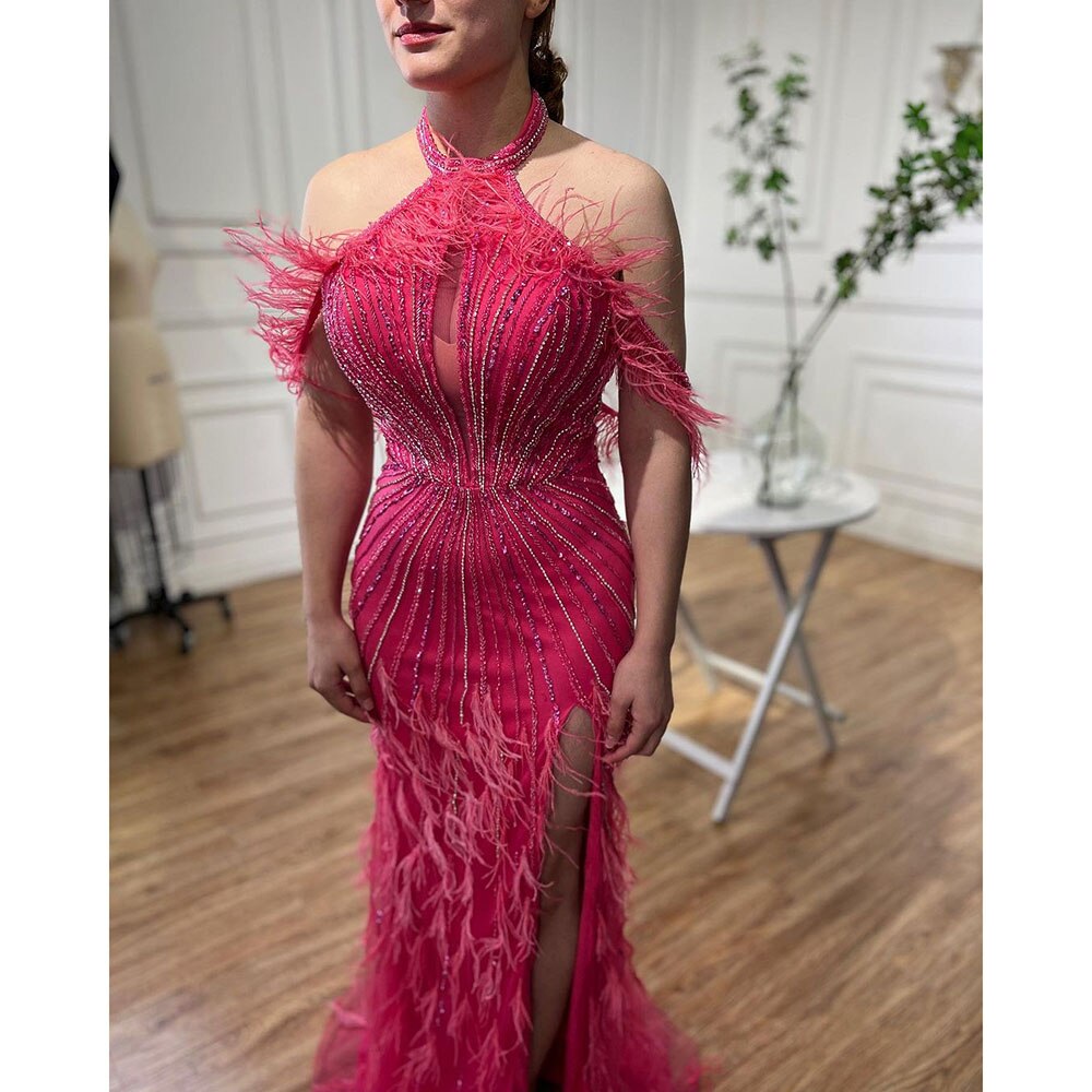En oferta, sin devolución ni reembolso, vestido de noche de sirena Carame sin mangas, sexy, con abertura alta y plumas y cuentas, para mujer, fiesta de boda 2025 LA72132