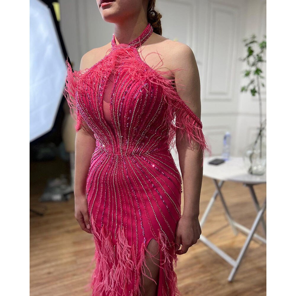 En oferta, sin devolución ni reembolso, vestido de noche de sirena Carame sin mangas, sexy, con abertura alta y plumas y cuentas, para mujer, fiesta de boda 2025 LA72132