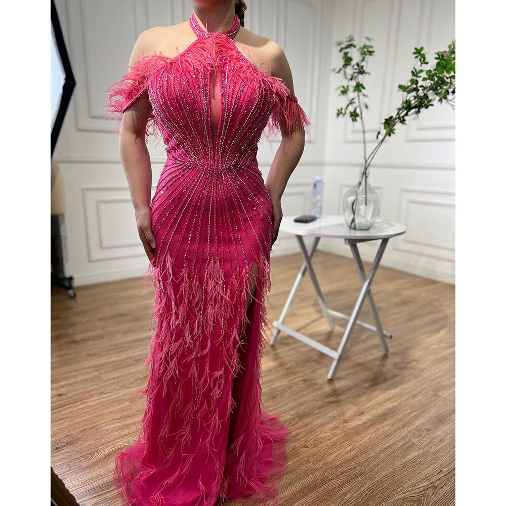 En oferta, sin devolución ni reembolso, vestido de noche de sirena Carame sin mangas, sexy, con abertura alta y plumas y cuentas, para mujer, fiesta de boda 2025 LA72132