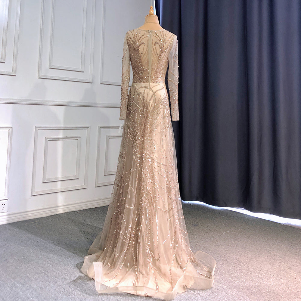 Vestidos de noche de lujo color caramelo, corte A, cuello redondo, manga larga, con cuentas, para mujer, fiesta, LA71667