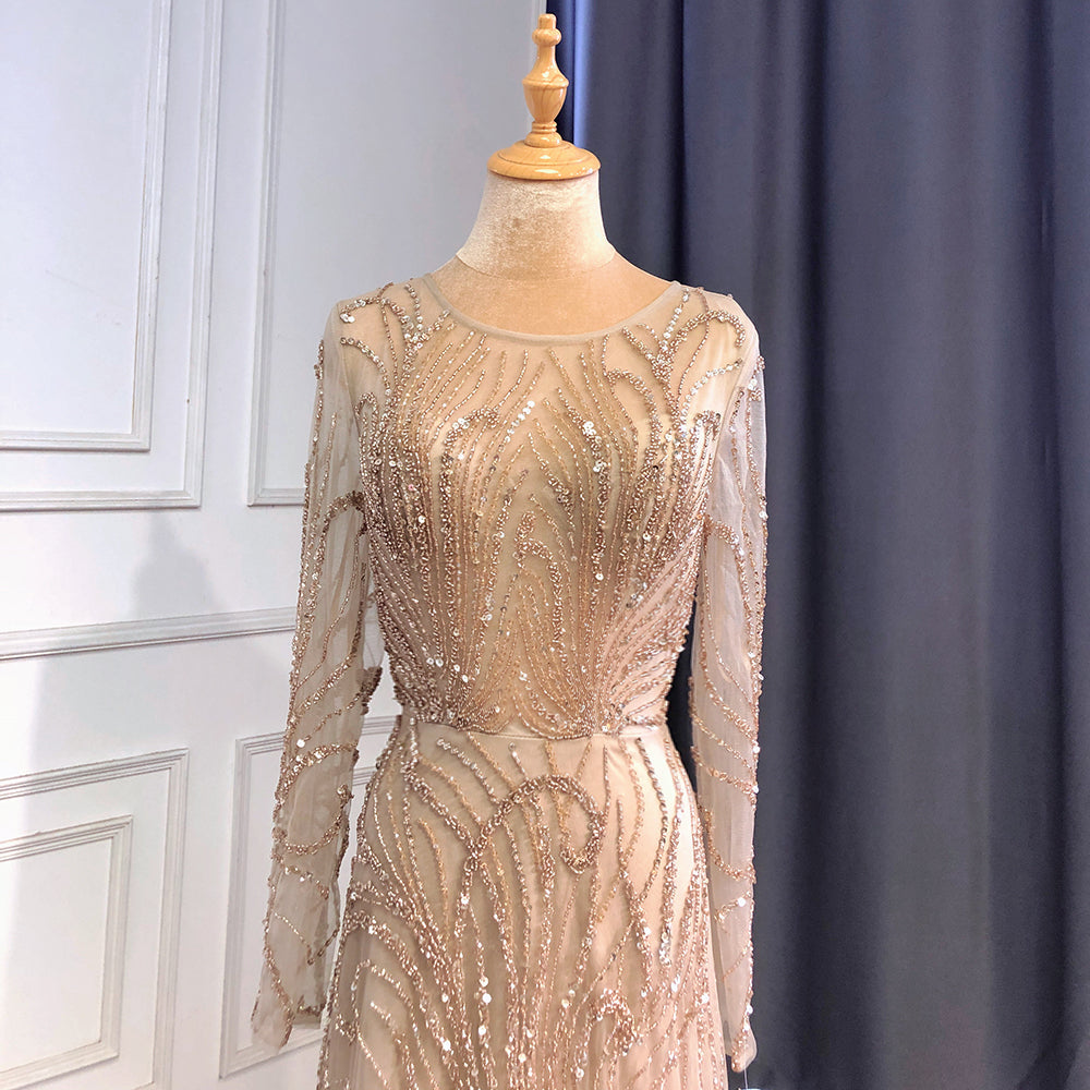 Vestidos de noche de lujo color caramelo, corte A, cuello redondo, manga larga, con cuentas, para mujer, fiesta, LA71667