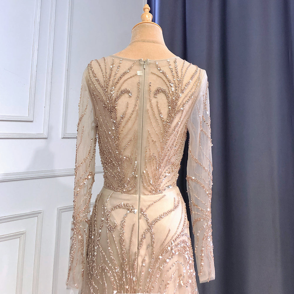 Vestidos de noche de lujo color caramelo, corte A, cuello redondo, manga larga, con cuentas, para mujer, fiesta, LA71667
