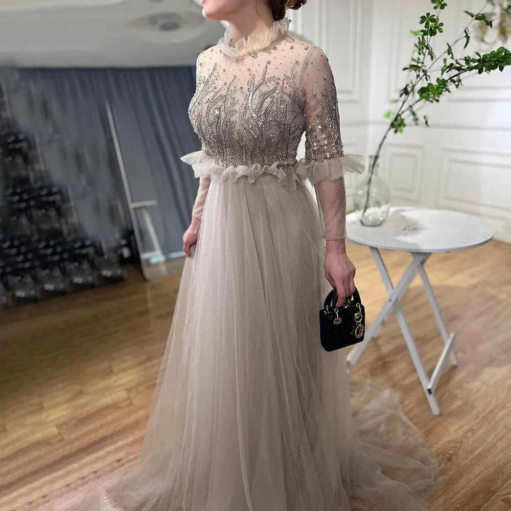 Vestido de noche color caramelo, corte A, cuello redondo, con cuentas y cristales, mangas largas para mujer, ideal para bodas, 2025, LA70147